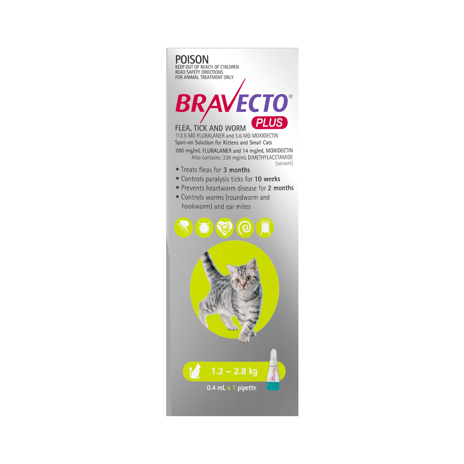 Bravecto Plus for Small Cats 1.2 – 2.8 kg (Green)